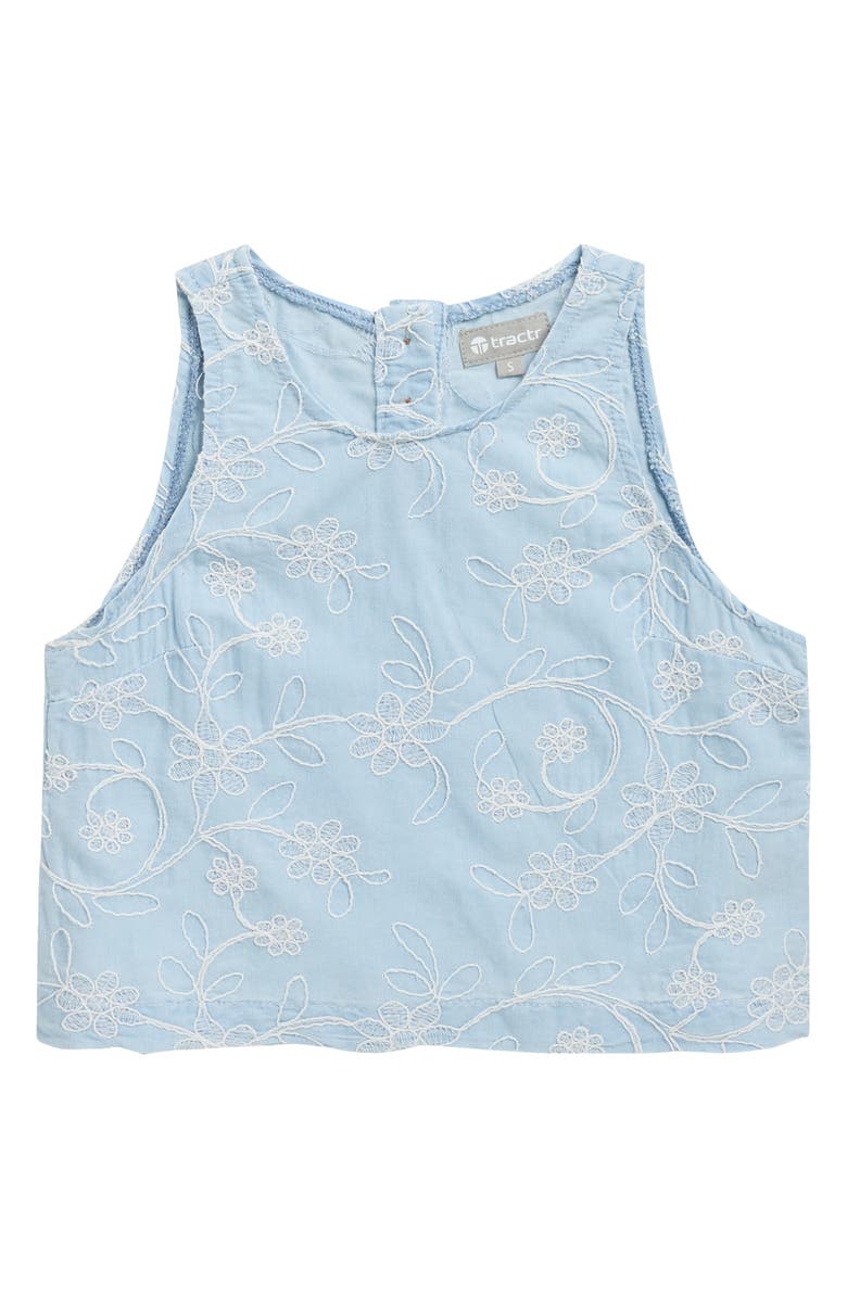 Tractr Kids' Floral Embroidered Tank, Main, color, Light Indigo