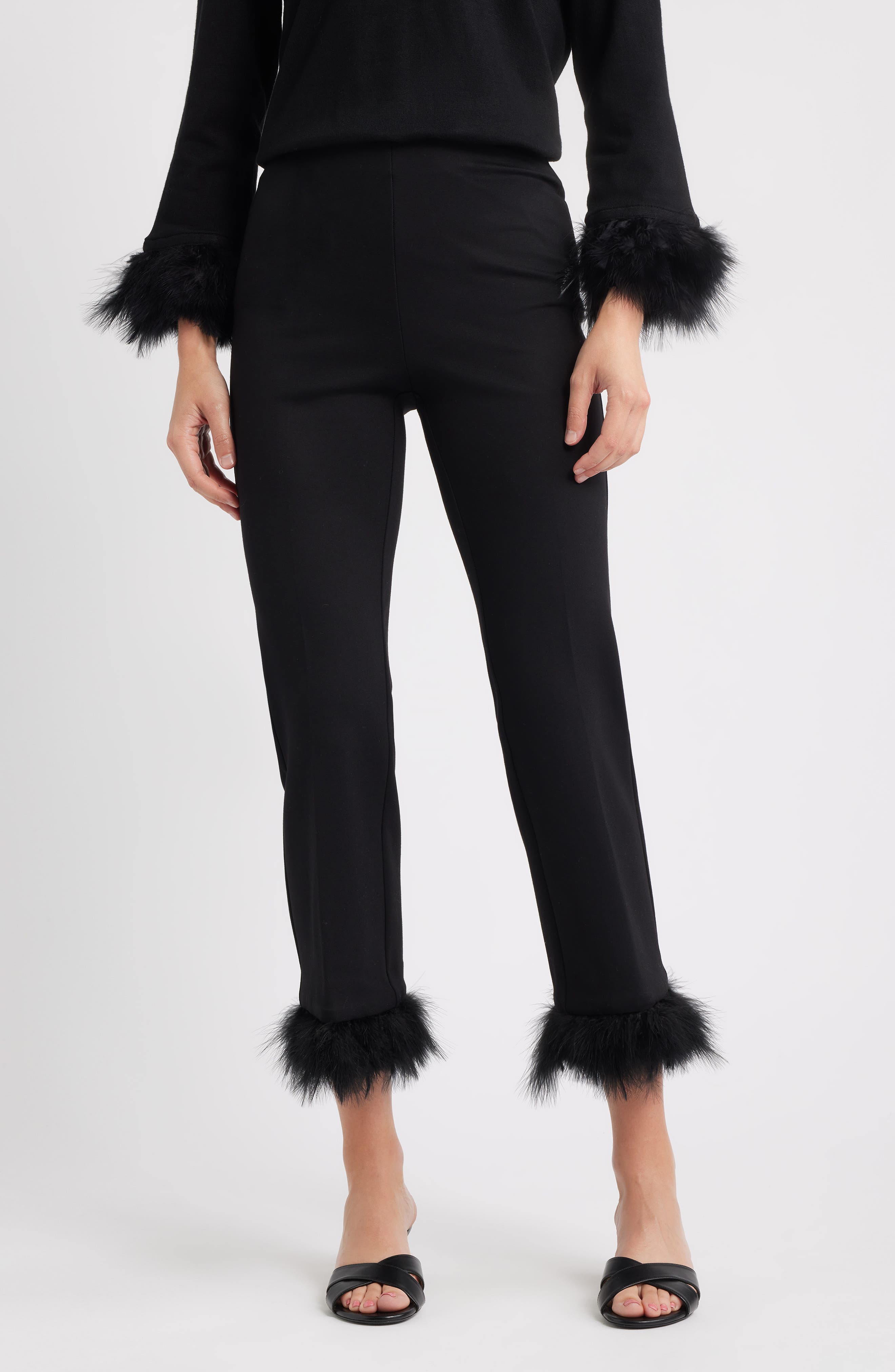 Crop Feather Trim Pull-On Pants