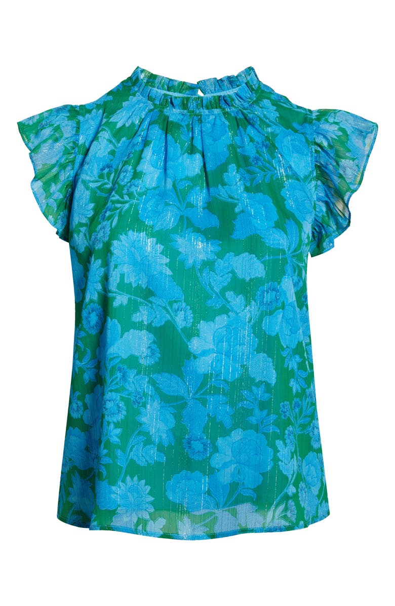 SUGARLIPS Amren Metallic Floral Print Ruffle Top, Alternate, color, Green/ Cerulean Blue