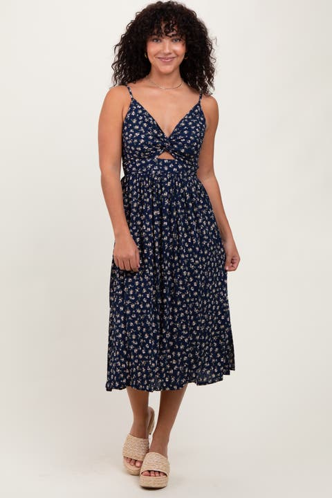 Floral Twist Front Cut Out Midi Dress