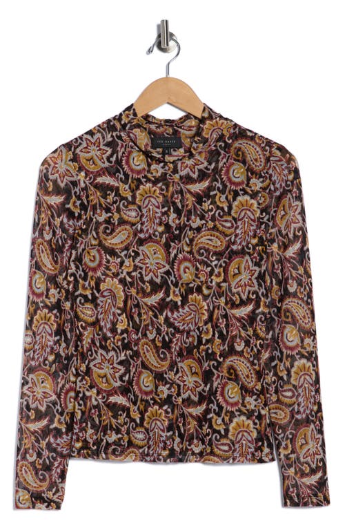 Ted Baker Paisley Mock Neck Long Sleeve Mesh Top In Brown