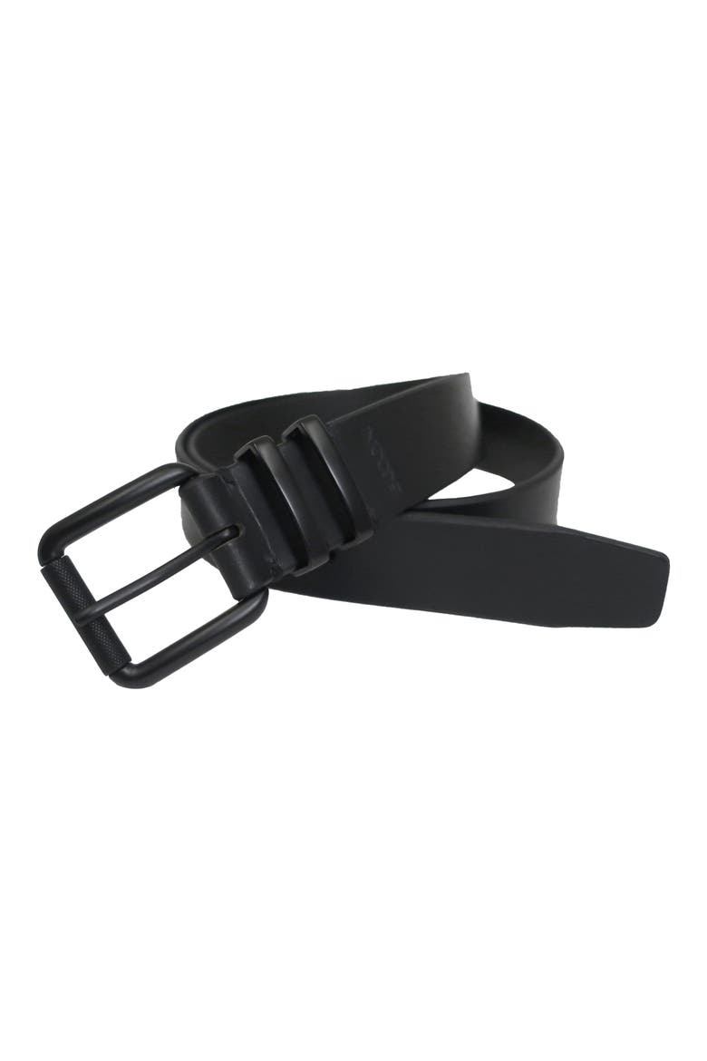 Matte Buckle Roller Burn Edge Leather Belt, Alternate, color, BLACK
