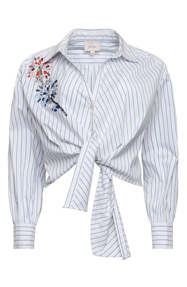 Cinq à Sept Marianna Twilight Spark Appliqué Tie Front Shirt, Alternate, color, White/ Cornflower