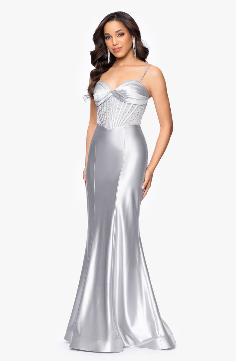 Betsy & Adam Metallic Satin Trumpet Gown, Alternate, color, Silver