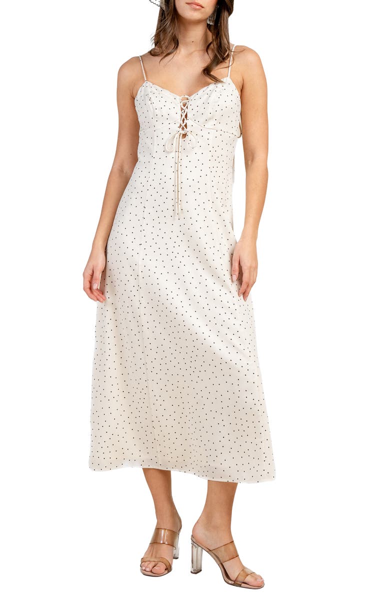 Beivy Lace-Up Polka Dot Midi Dress, Main, color, Ivory