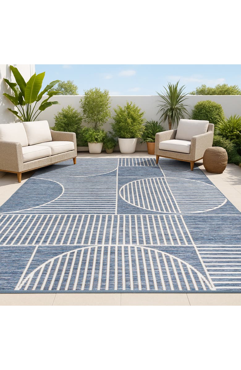 JONATHAN Y Arielle Mid-Century Modern Geometric Lines Reversible Machine-Washable Indoor/Outdoor Area Rug, Alternate, color, Navy/Cream
