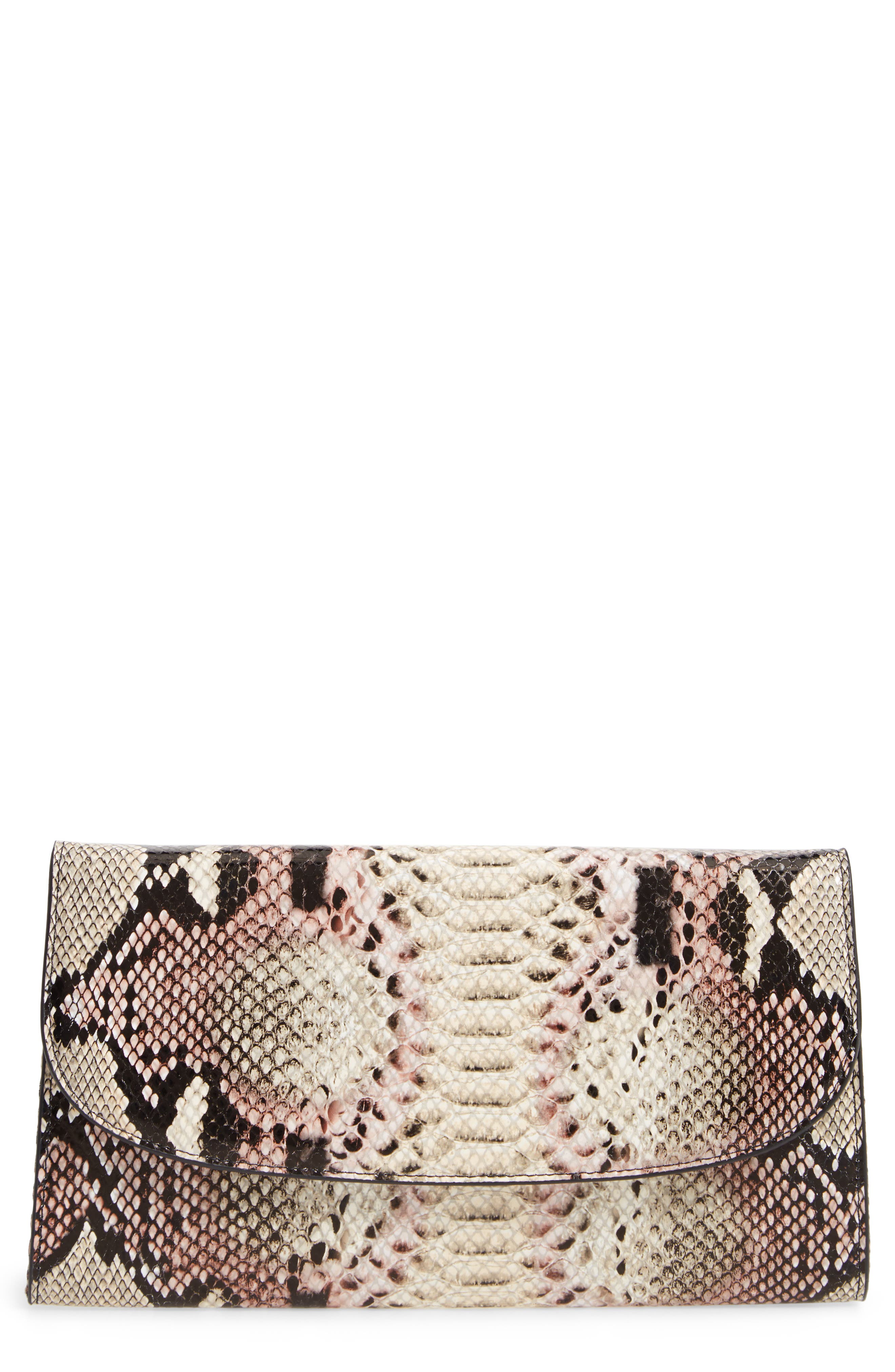 Snakeskin Embossed Leather Clutch, Main, color, LAVENDAR SNAKE