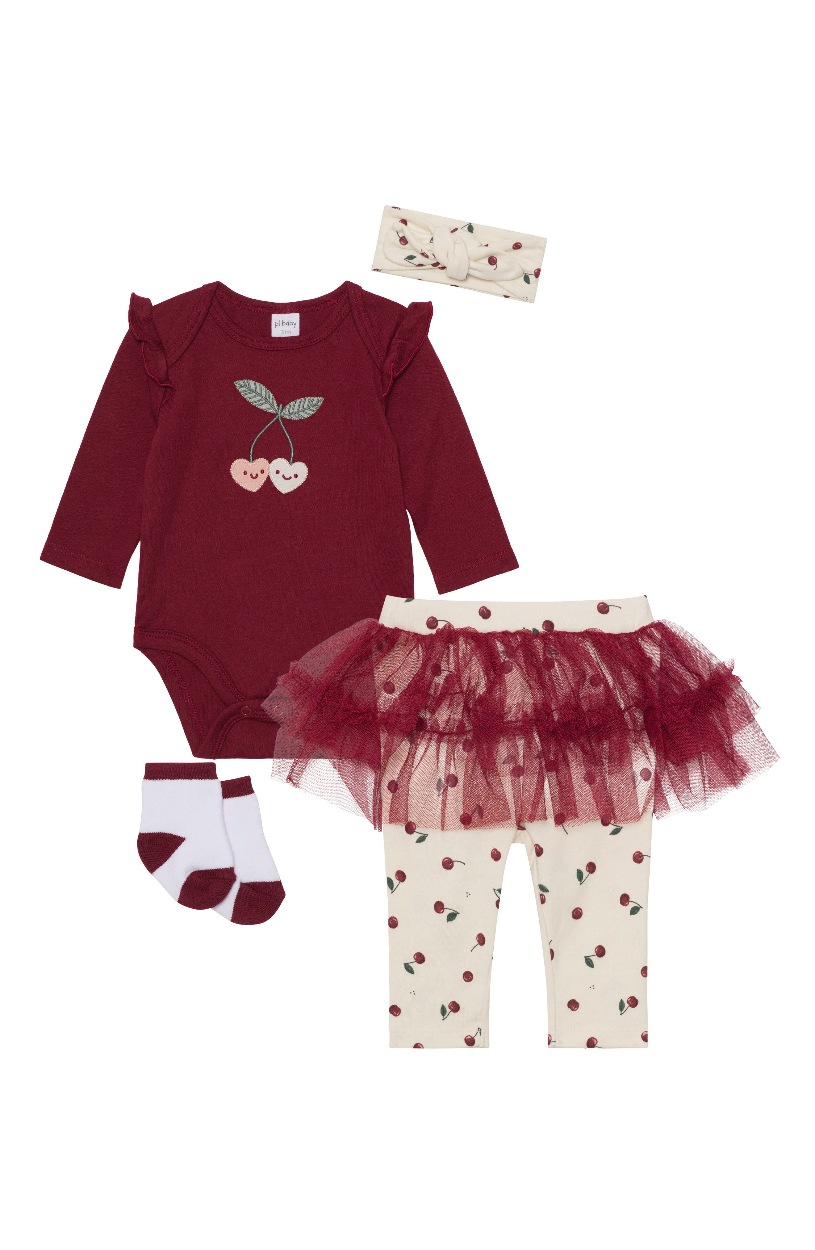 PL Baby by Petit Lem Ruffle Bodysuit, Skirted Leggings, Headband & Socks Set
