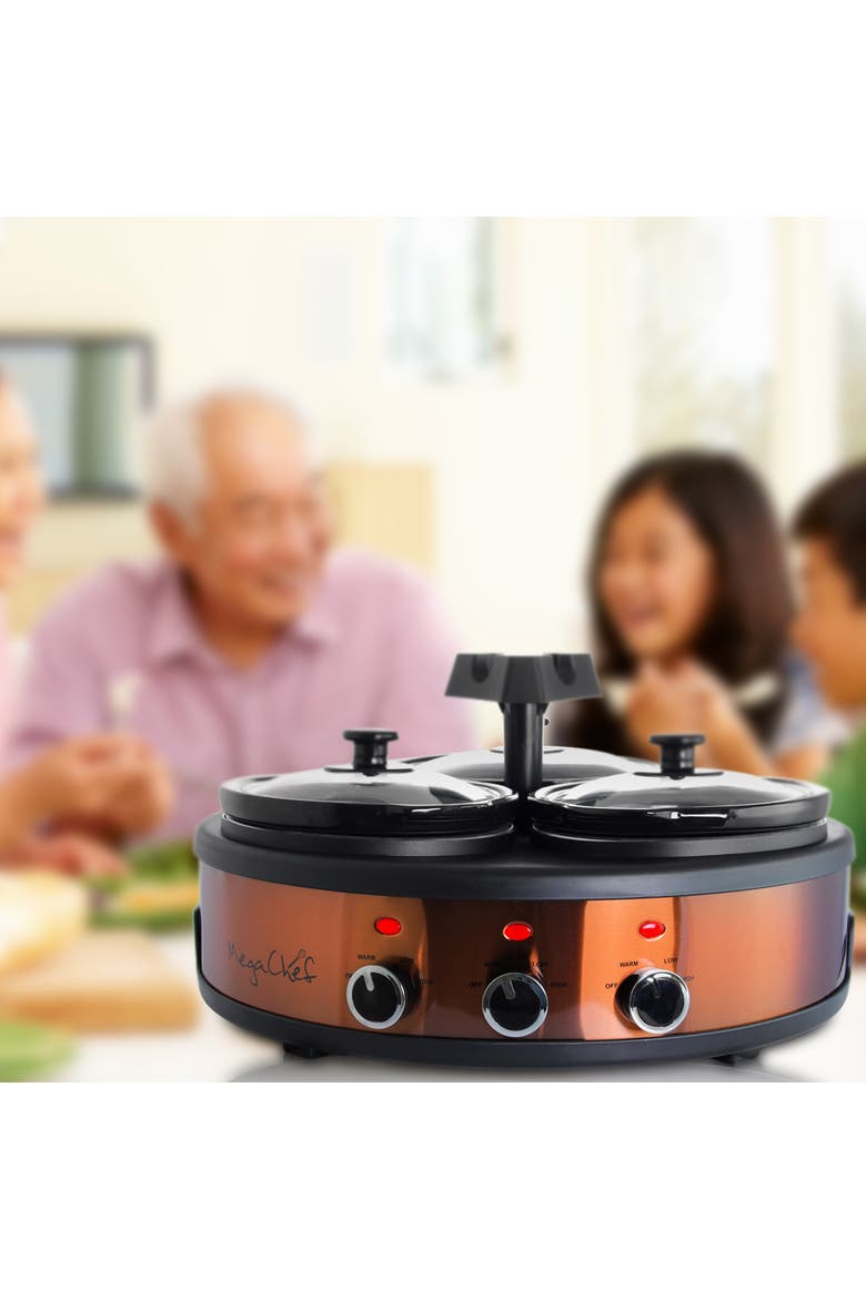 Round Slow Cooker and Buffet Server with 3 Ceramic Cooking Pots, Alternate, color, Black