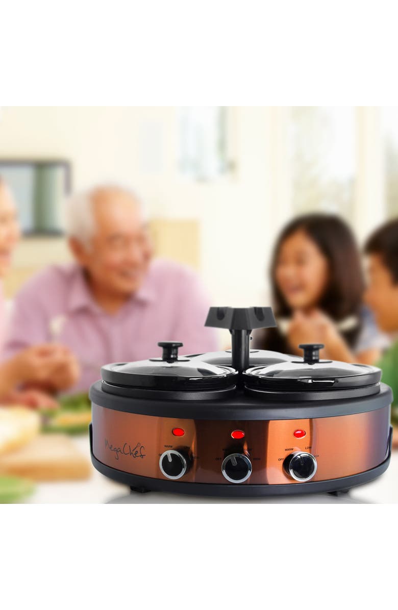 Megachef Round Slow Cooker and Buffet Server with 3 Ceramic Cooking Pots, Alternate, color, Black