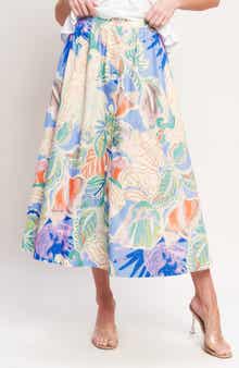 Printed Button Front Midi Skirt