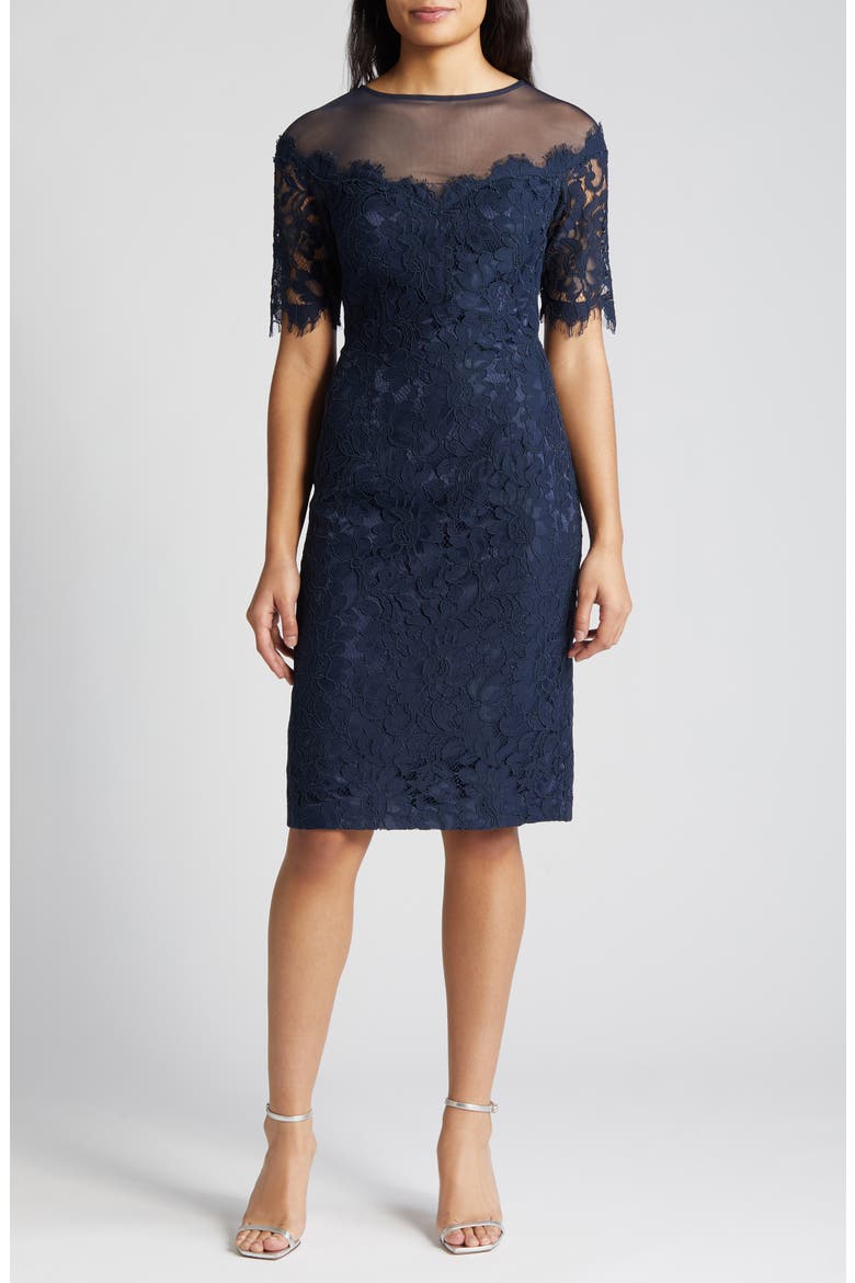 Lace Cocktail Sheath Dress, Main, color, NAVY