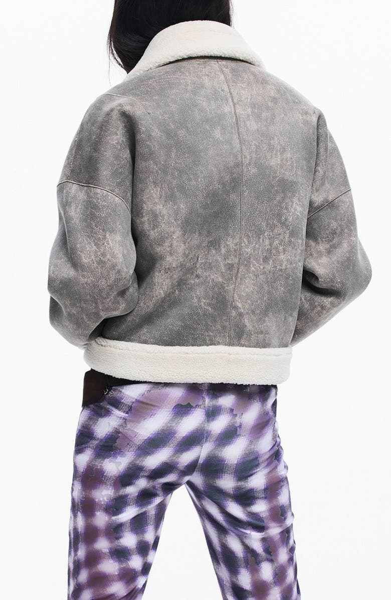 Desigual Mixed Media Faux Leather Jacket with Faux Shearling Trim, Alternate, color, Beige