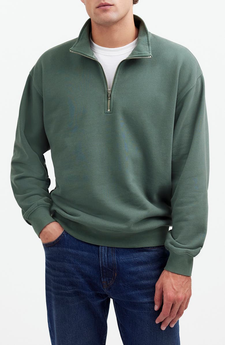 Madewell Relaxed Fit Cotton Blend Quarter Zip Pullover, Main, color, Industrial Green