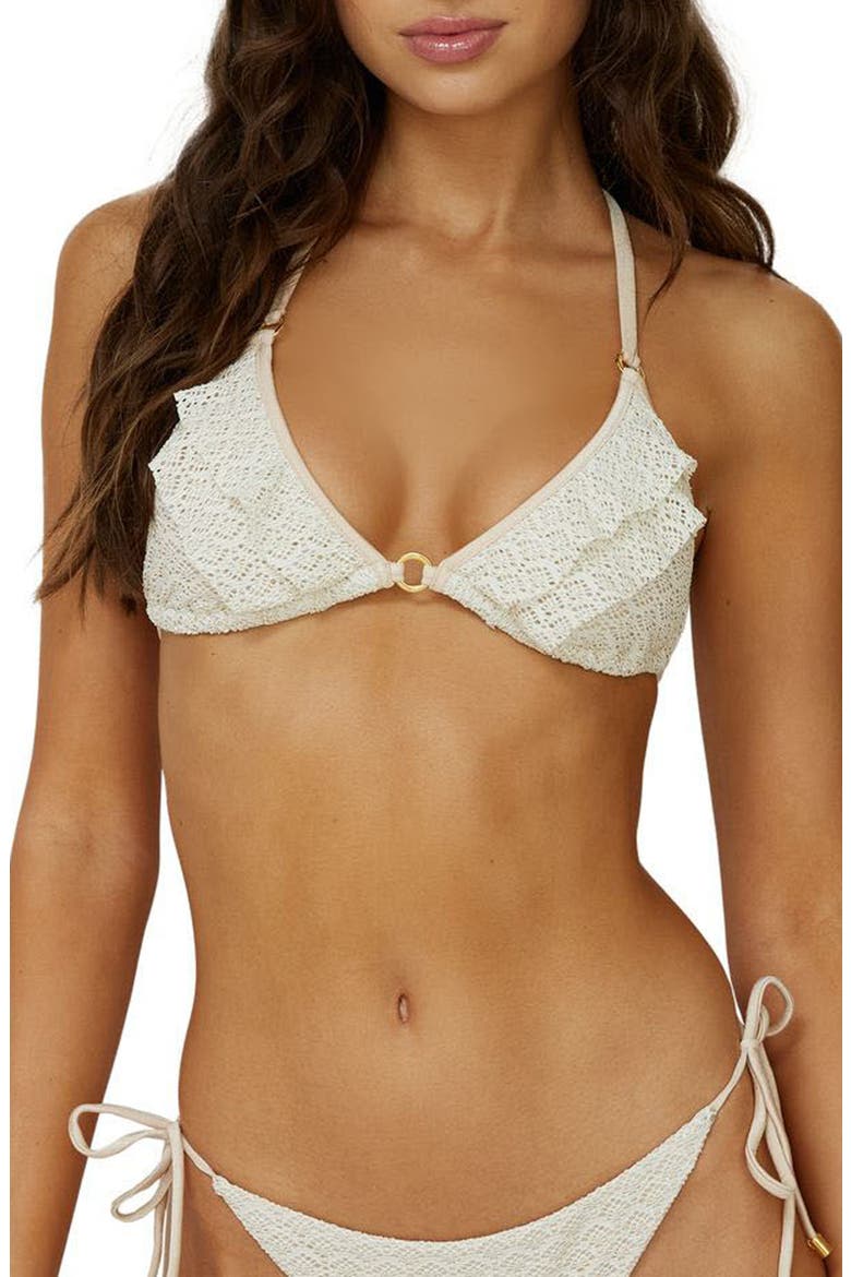River Lace Ruffle Triangle Bikini Top, Main, color, BISCOTTI