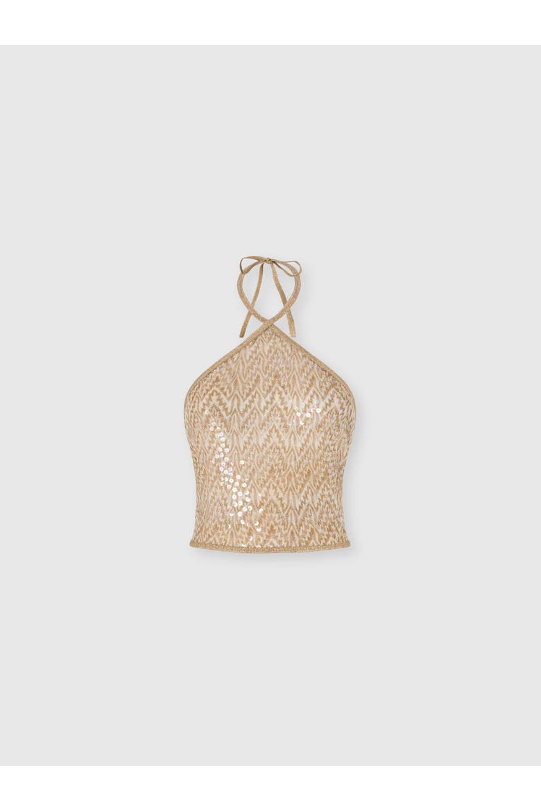 Top In Lamé Viscose With Lace Motif, Sequins, And Halter Neckline, Alternate, color, Gold& White