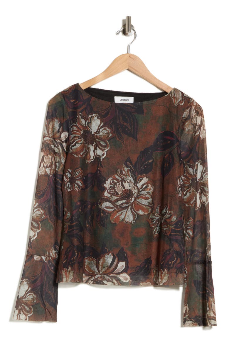 Floral Mesh Bell Sleeve Top, Main, color, PATINA BLOOM PRINT