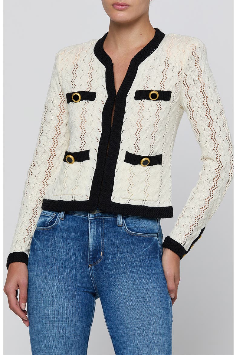 Zephyra Pointelle Open Front Cardigan, Main, color, IVORY/ BLACK