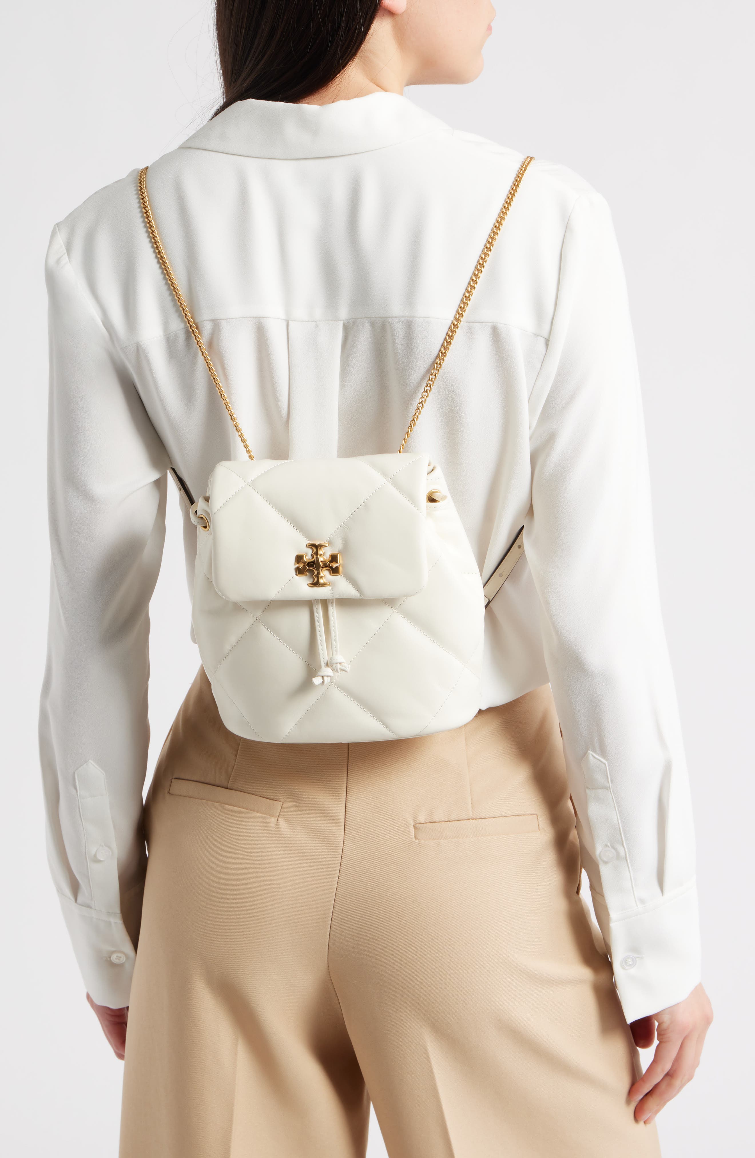 Tory Burch Small Kira Diamond Quilted Leather Backpack, Alternate, color, Warm White