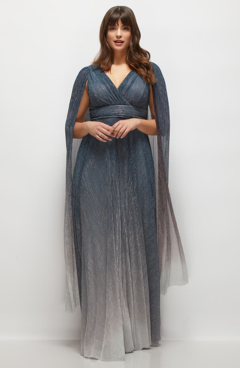 After Six Metallic Cape Sleeve Gown, Alternate, color, Cosmic Blue