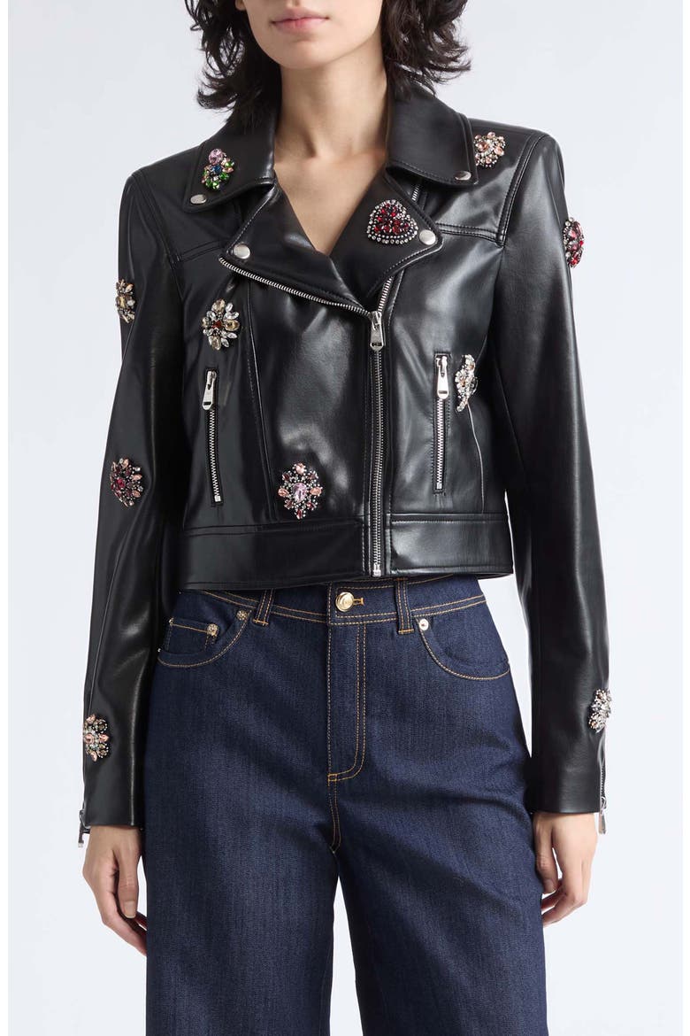 Genevieve Baroque Patches Faux Leather Moto Jacket, Main, color, BLACK MULTI