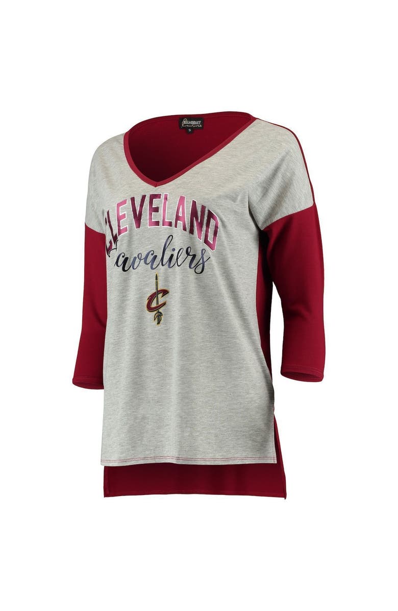 GAMEDAY COUTURE Women's Heathered Gray Cleveland Cavaliers Meet Your Match Colorblock 3/4-Sleeve Tri-Blend V-Neck T-Shirt, Alternate, color, 