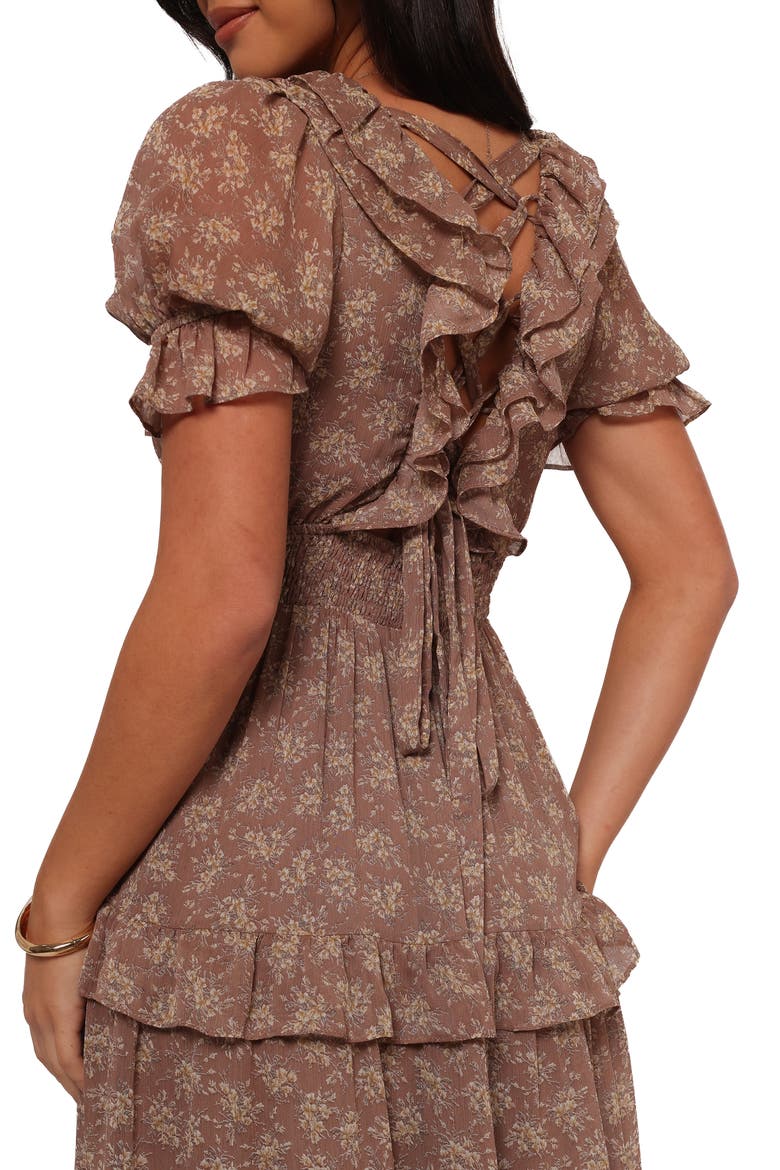 Dayla Floral Ruffle Midi Dress, Alternate, color, BROWN/ LIGHT BEIGE