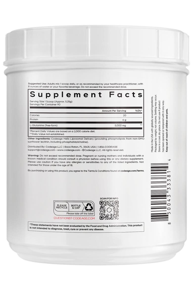 Liposomal L-Glutamine Powder 5000mg Supplement, Alternate, color, White