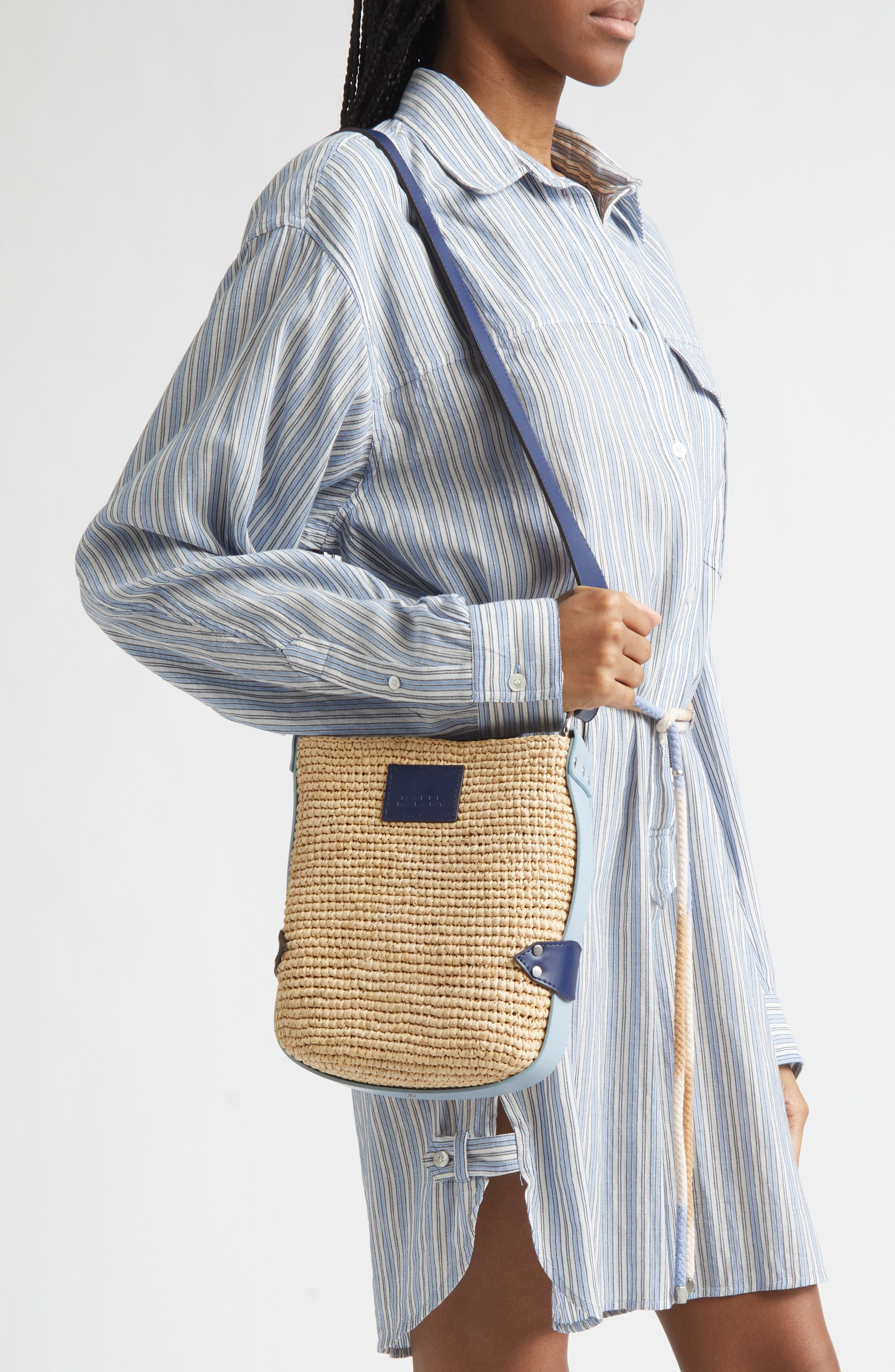 Isabel Marant Mini Bayia Raffia Bucket Bag, Alternate, color, Natural/ Blue