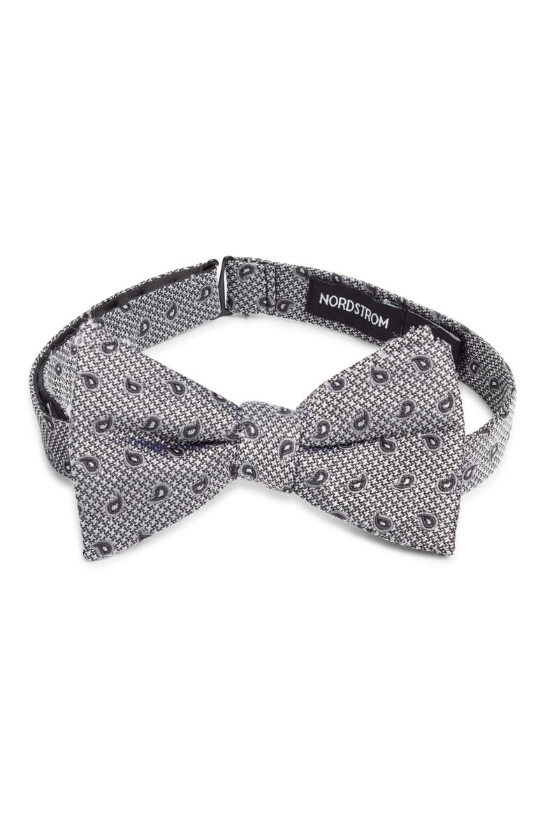 Paisley Jacquard Pre-Tied Silk Bow Tie, Main, color, SILVER