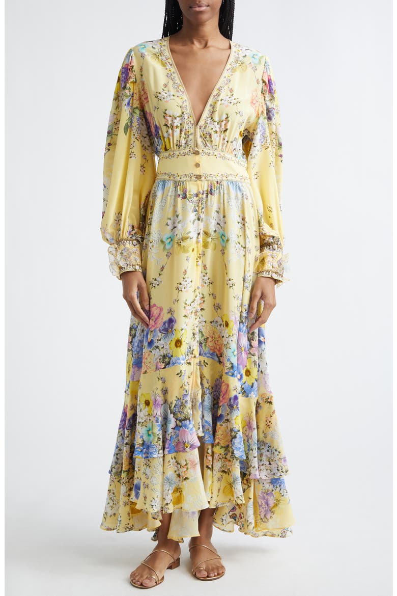 Darling Buds Floral Long Sleeve Silk Button Front Dress, Main, color, DARLING BUDS