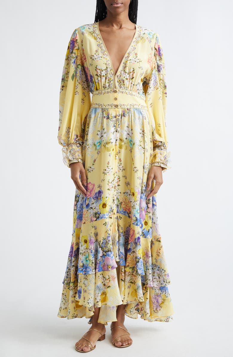Camilla Darling Buds Floral Long Sleeve Silk Button Front Dress, Main, color, Darling Buds