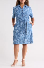 Jones New York Floral Print Tie Waist Shirtdress