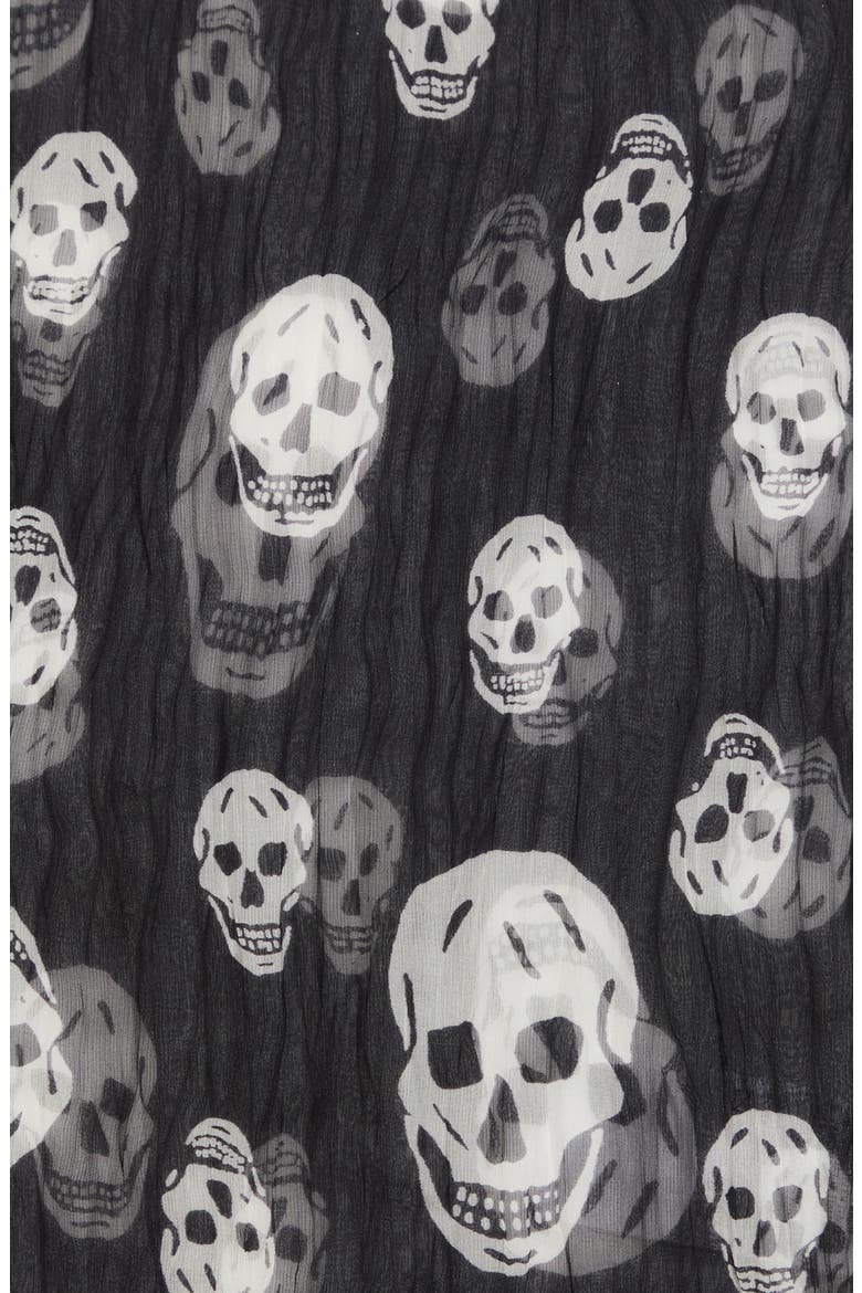 Skull Print Pleated Silk Scarf, Alternate, color, BLACK/ IVORY