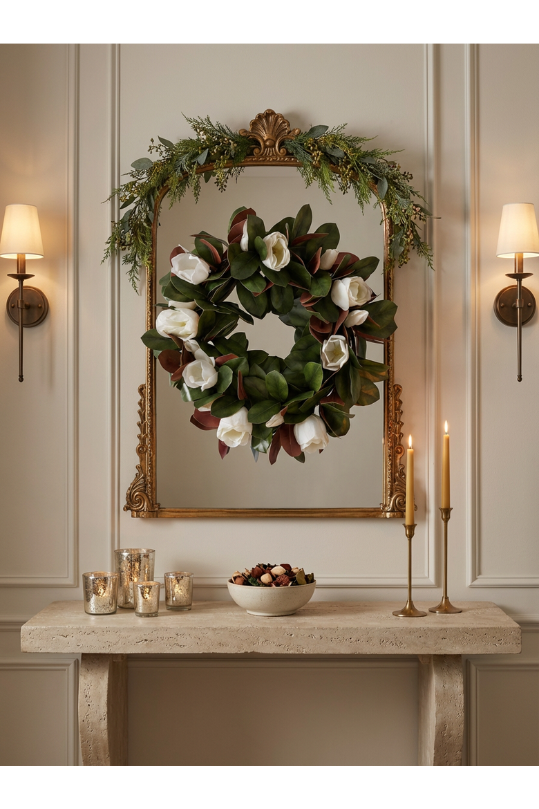 Windsor Magnolia Wreath, Alternate, color, Green