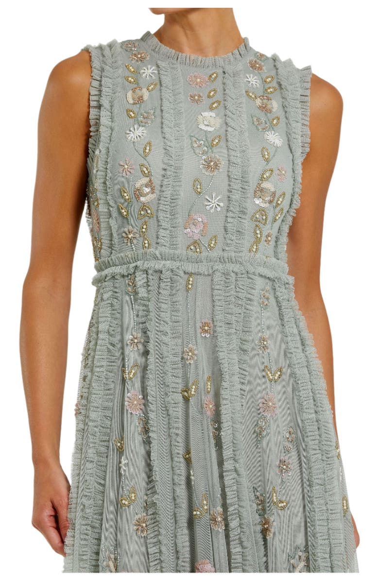 Mac Duggal Floral Mesh Sleeveless A Line Micro Ruffle Gown, Alternate, color, Sage Multi