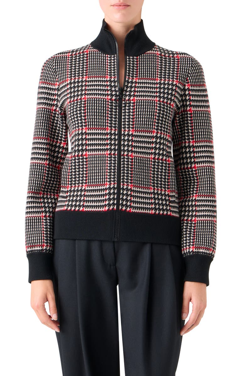 Akris punto Houndstooth Check Virgin Wool & Cashmere Zip Cardigan, Main, color, Black-Vermillion-Cream