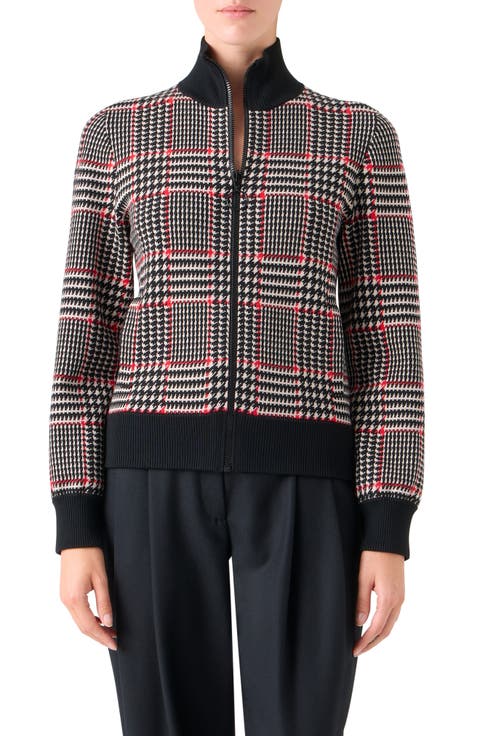 Houndstooth Check Virgin Wool & Cashmere Zip Cardigan