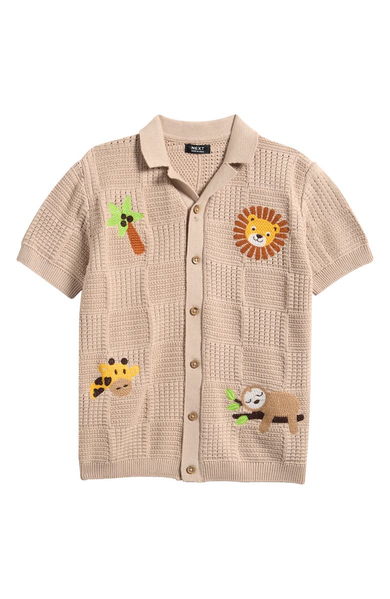 NEXT Kids' Embroidered Knit Button-Up Shirt, Main, color, Neutral