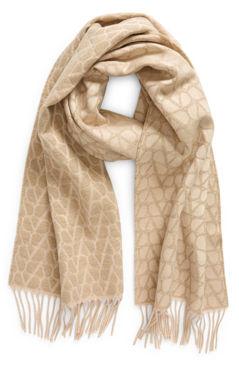 Valentino Garavani Icon Logo Jacquard Virgin Wool Fringe Scarf, Alternate, color, 