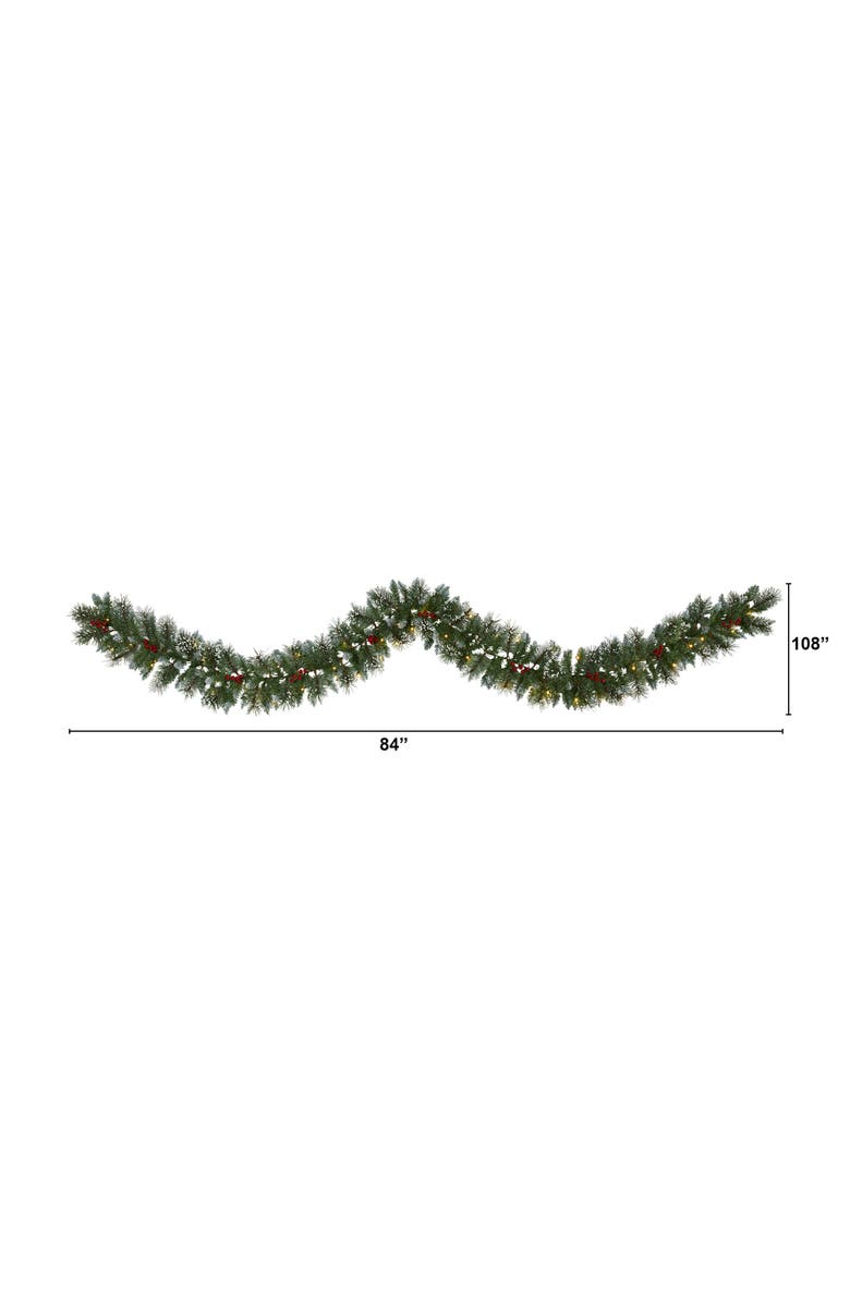 NEARLY NATURAL 9-ft Frosted Swiss Pine Artificial Garland with 50 Clear LED Lights and Berries, Alternate, color, Green