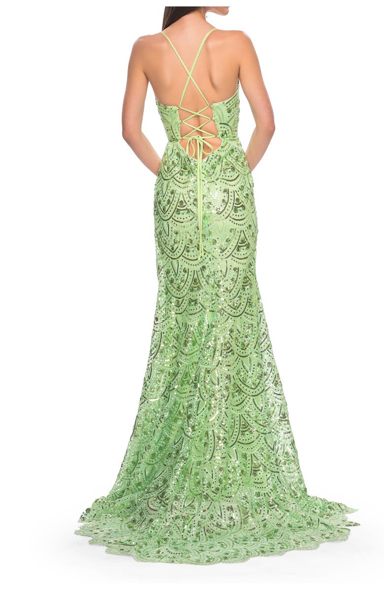 La Femme Print Sequin Mermaid Dress with Lace Up Back, Alternate, color, Sage