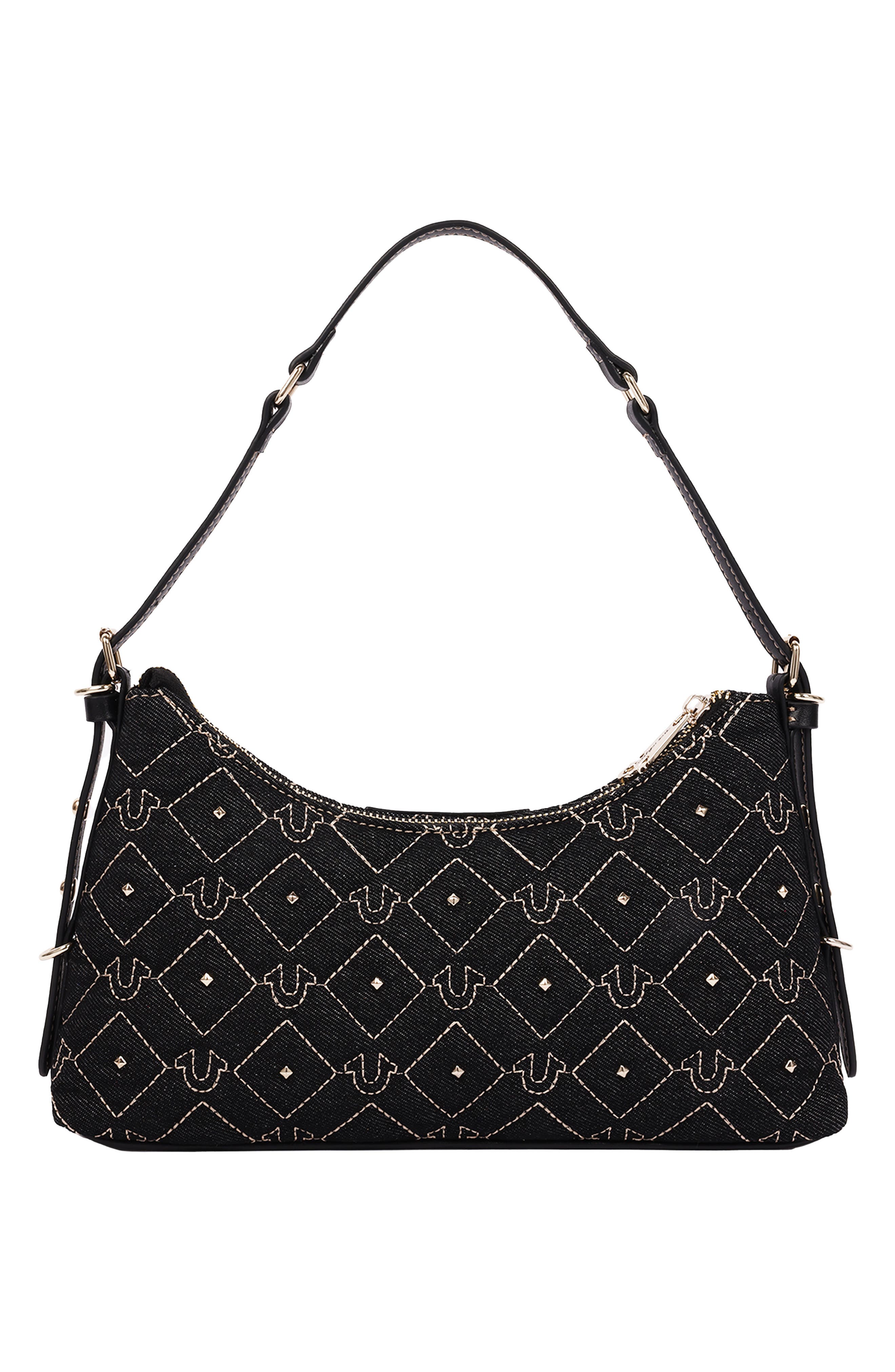 Studded Denim Shoulder Bag, Alternate, color, BLACK