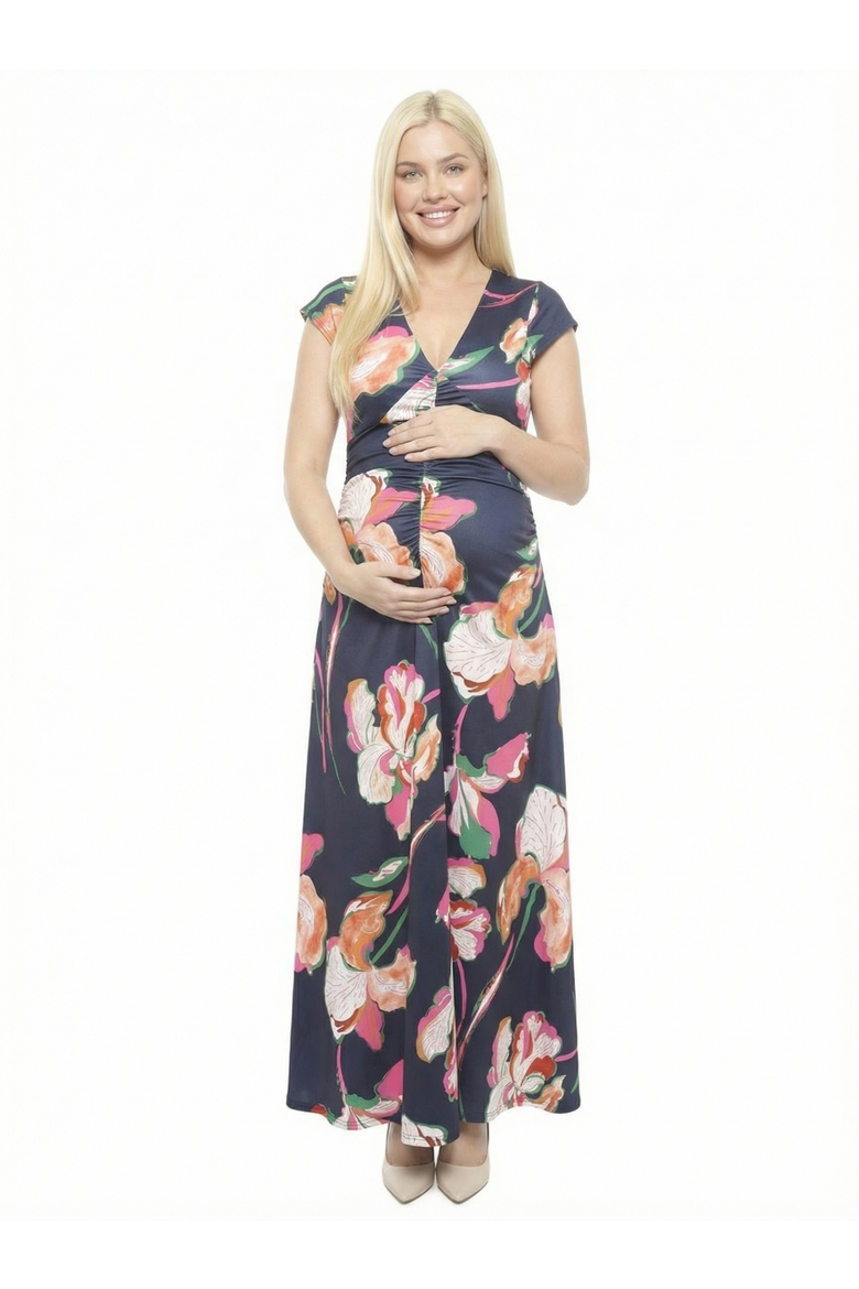Maternity Floral V-Neck Cap Sleeve Ruched Front Maxi Dress, Main, color, Navy Multi