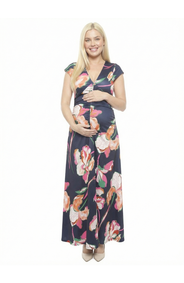 24seven Comfort Apparel Maternity Floral V-Neck Cap Sleeve Ruched Front Maxi Dress, Main, color, Navy Multi