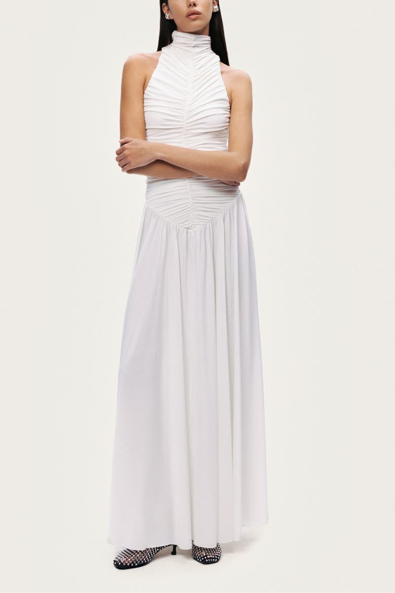 Ruched High-Neck Maxi Dress, Alternate, color, White