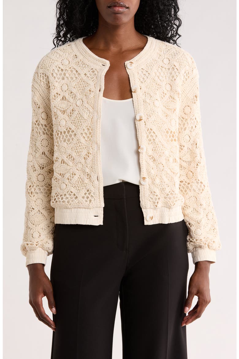Crochet Knit Button Front Jacket, Main, color, IVORY