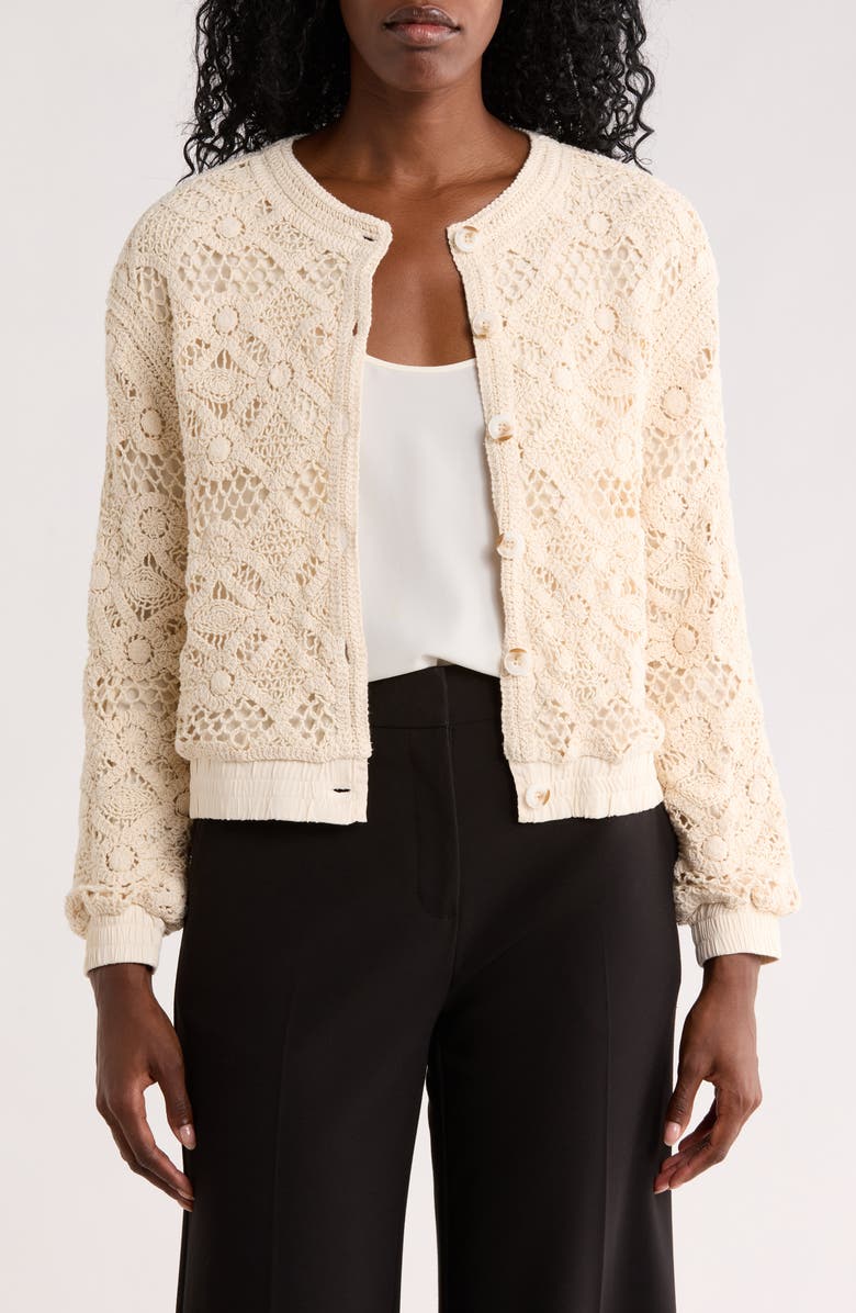 T Tahari Crochet Knit Button Front Jacket, Main, color, Ivory