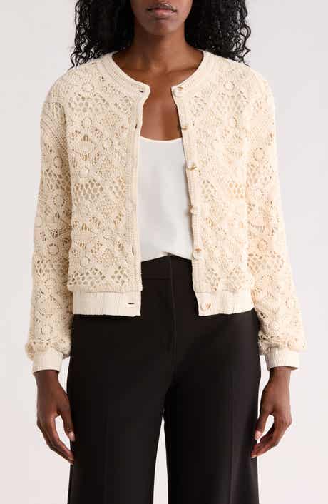 T Tahari Crochet Knit Button Front Jacket