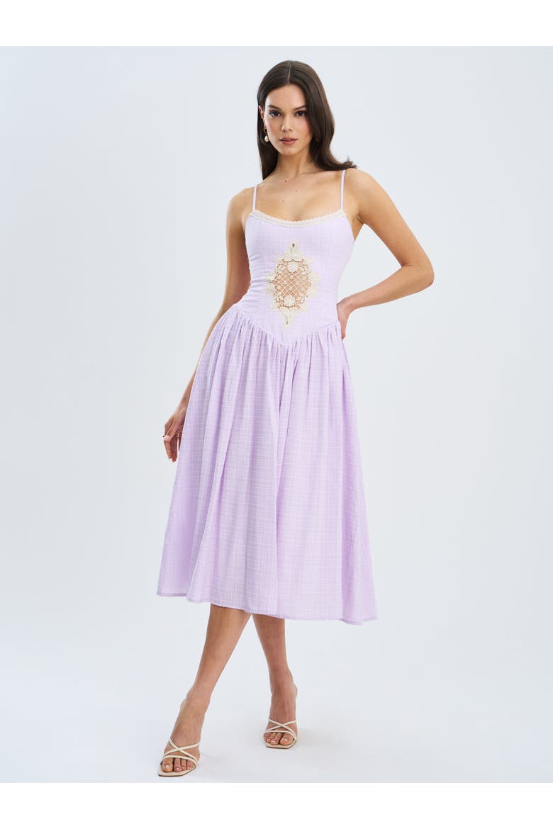 Jaclyn Lace Trim Cutout Seersucker Midi Dress, Main, color, Lavender